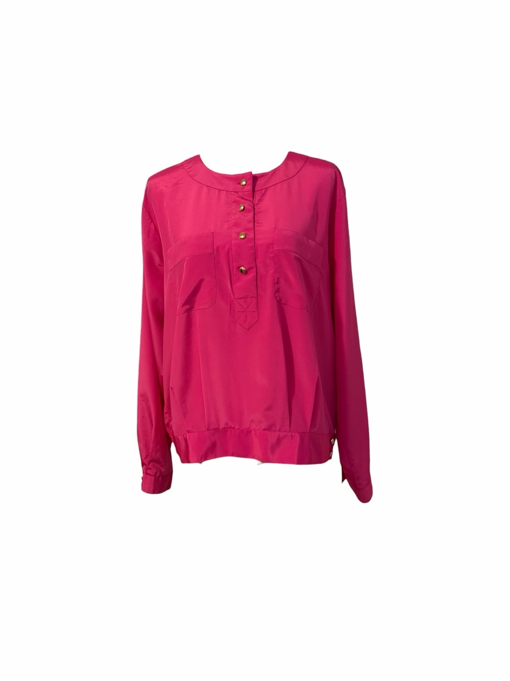 Bright Pink Satin-Look Long-Sleeve Gold Button Accent Pullover Top